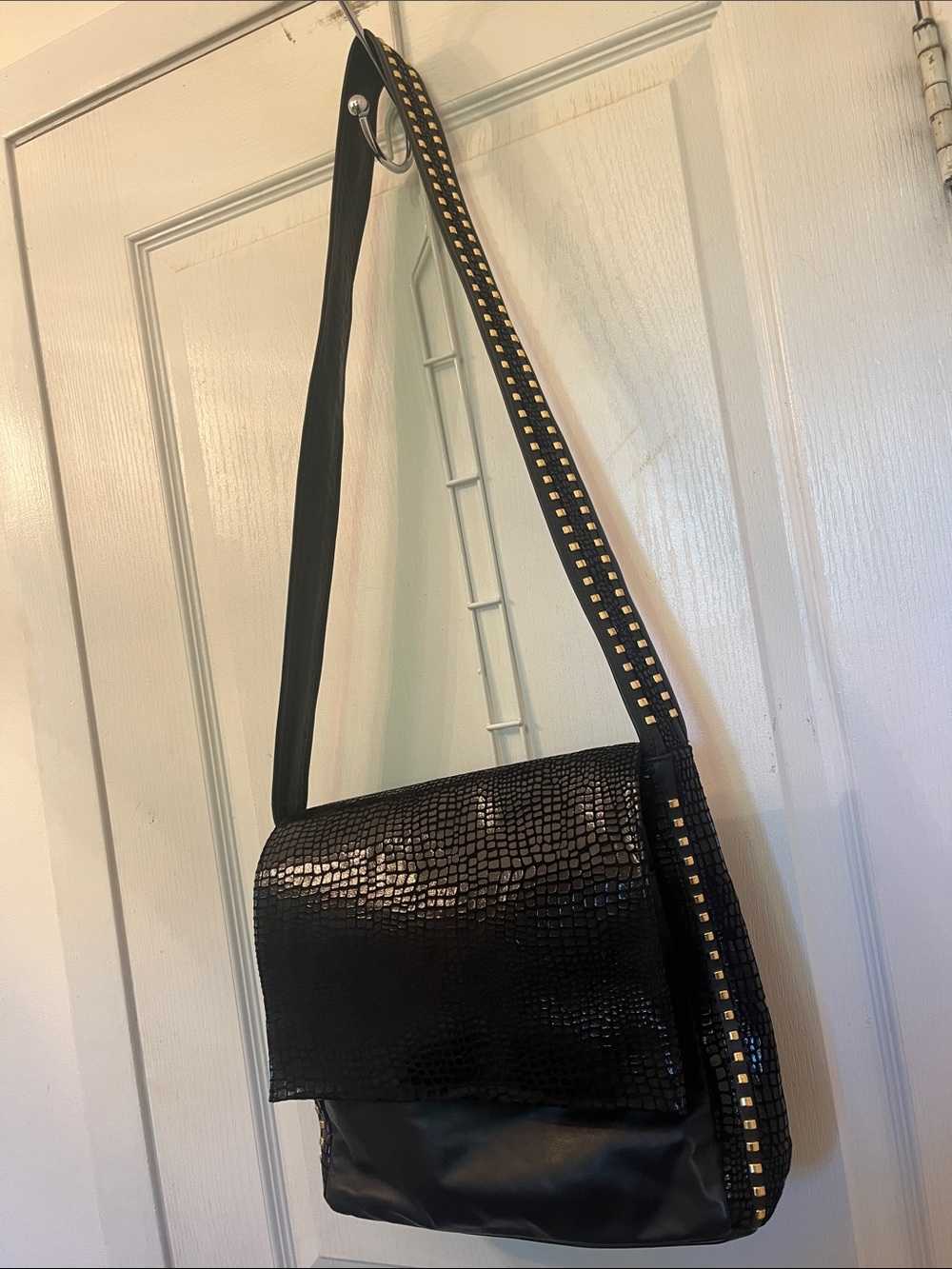 Leather Croc-Embossed Crossbody with Gold Stud Trim